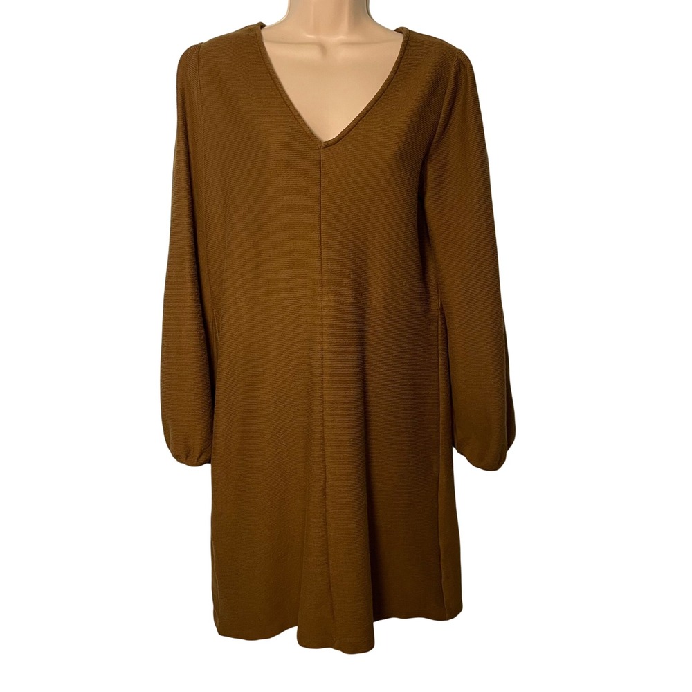 Madewell Women's Dress Size Large Brown/Green Long Sleeve Textured 100% Cotton